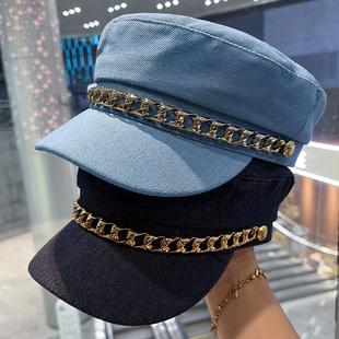 2025新款牛仔金属链条平顶帽子女秋季时尚百搭鸭舌帽显脸小报童帽