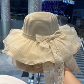 草帽蕾丝蝴蝶结优雅女士礼帽夏季 大檐防晒帽度假草帽沙滩太阳帽子