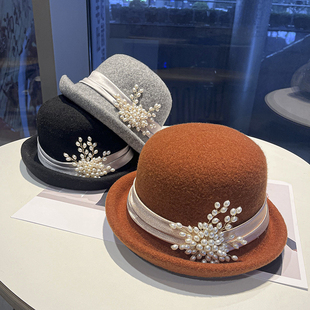 新款礼帽纯羊毛渔夫帽子女秋冬新款韩版时尚贵妇珍珠法式卷边盆帽