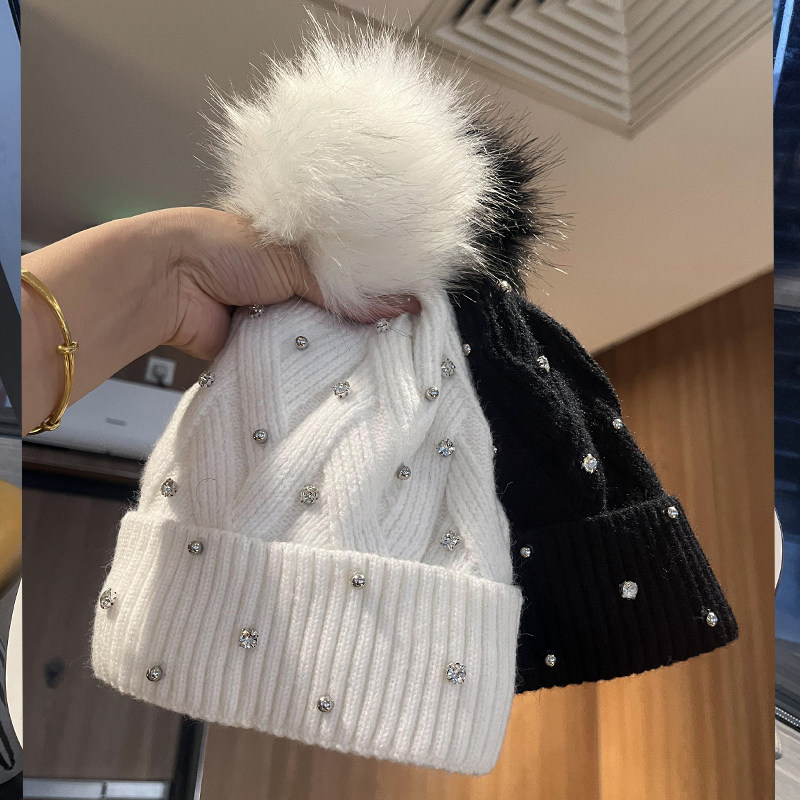 韩版时尚钉珠水钻针织帽女显脸小