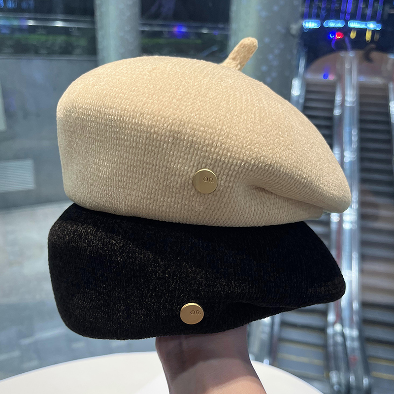 贝雷帽复古时尚秋冬金属标雪尼尔