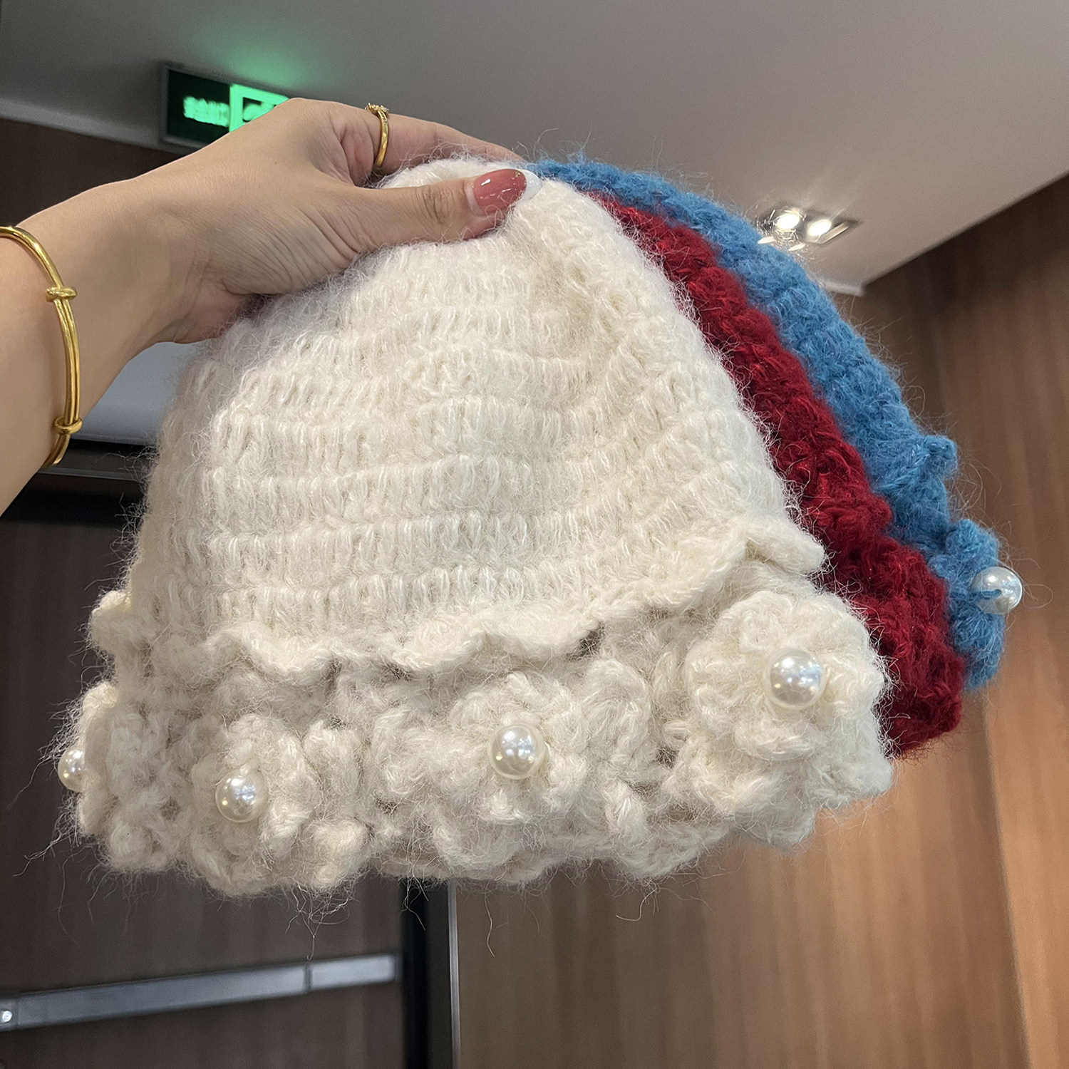 韩系手工花珍珠包头帽子女冬保暖
