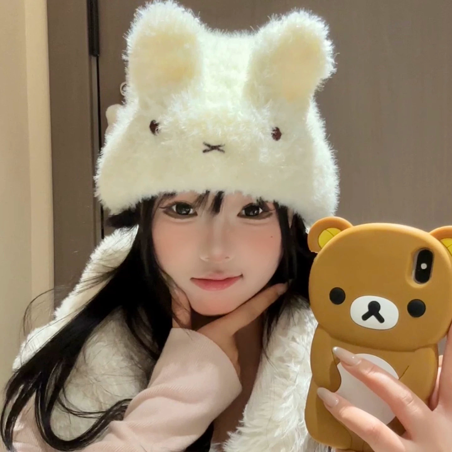 冬季保暖兔子耳毛绒堆堆帽显脸小