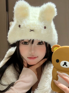 冬季保暖兔子耳毛绒堆堆帽显脸小