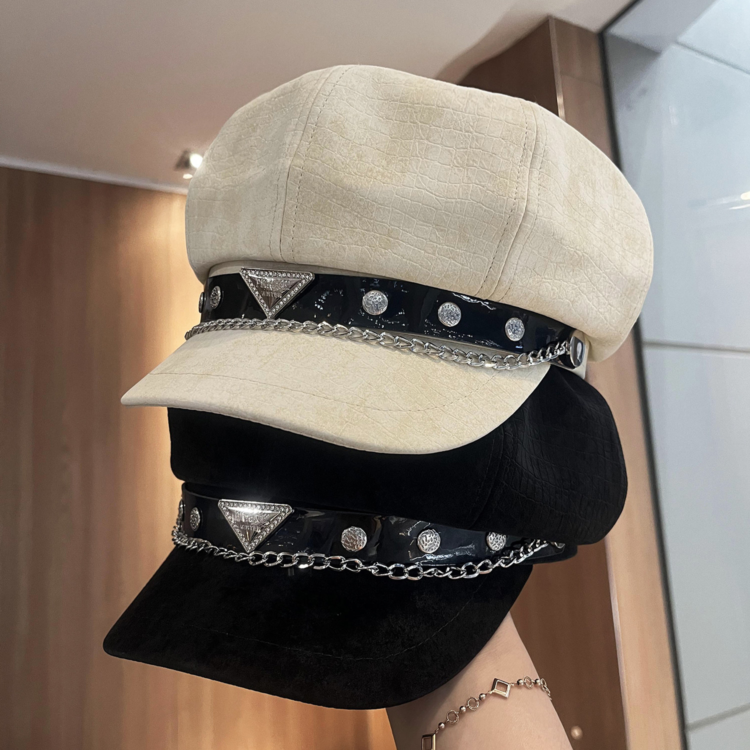 韩版复古PU软皮八角报童帽女秋冬