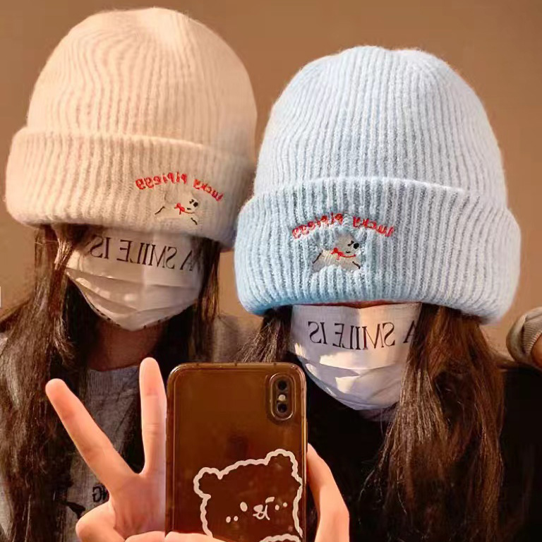 韩版可爱刺绣小狗针织毛线帽子女