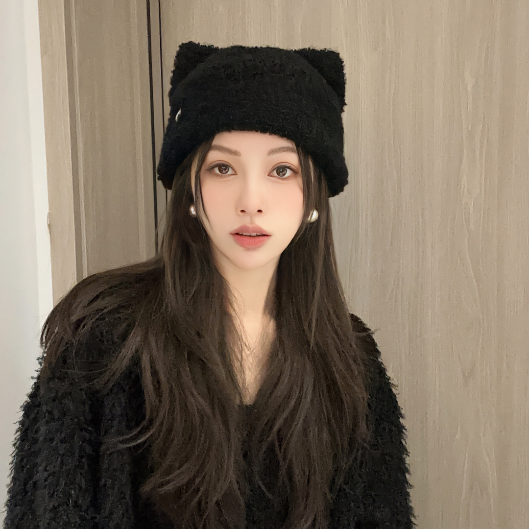 帽子女韩版秋冬季立体猫耳朵毛绒帽女保暖百搭包头套头针织毛线帽