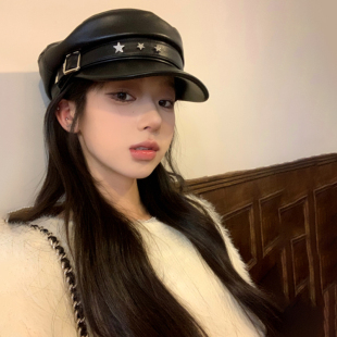 秋冬季PU皮网红星星设计平顶帽气质百搭个性复古画家帽女皮帽女冬