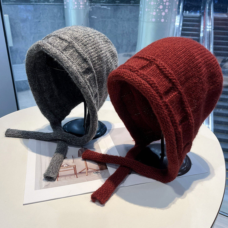 时尚百搭纯色针织毛线帽子女秋冬季绑带护耳帽保暖防寒大头围帽子