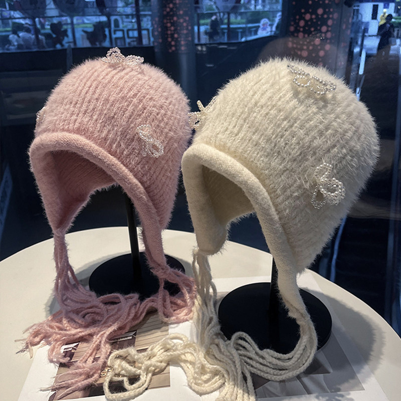 珍珠蝴蝶结护耳针织帽子女冬保暖