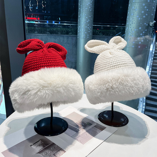 可爱兔子蝴蝶结毛线帽子女秋冬季加绒加厚保暖针织红色护耳雷锋帽