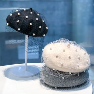 秋冬韩版珍珠网纱帽子女英伦复古日系贝雷帽羊毛画家帽纯色南瓜帽
