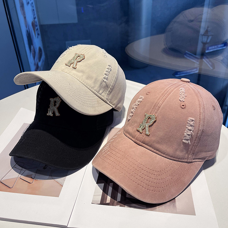 新款水洗做旧破洞R字母棒球帽