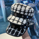 洋气小香风英伦复古千鸟格平顶帽女秋冬格纹八角帽时尚 百搭贝雷帽