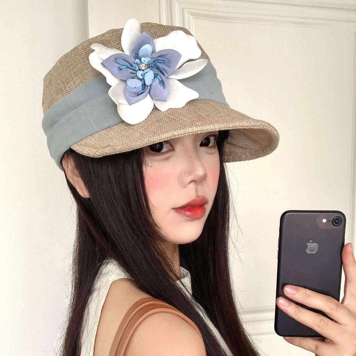 春夏亚麻宽檐防晒平顶马术帽