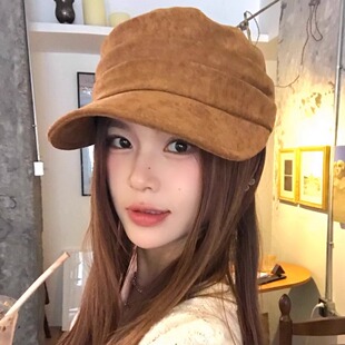 韩版简约褶皱马术帽子女秋冬季鹿皮绒平顶显脸小鸭舌帽百搭报童帽