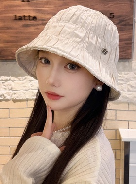 春秋渔夫帽子女时尚百搭显脸小褶皱水桶帽韩版ins休闲小清新盆帽