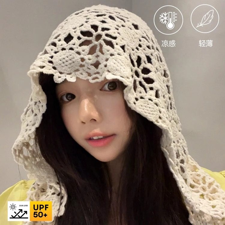 手工镂空钩花针织帽子女款外搭披肩夏季户外旅游蕾丝遮阳防晒帽潮
