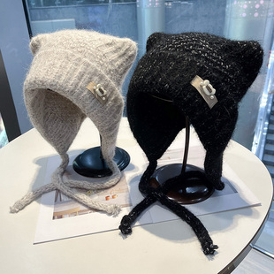 可爱猫耳朵针织护耳帽子女冬季 毛绒保暖防寒毛线帽百搭流苏包头帽