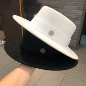 赫本风帽子女英伦复古M标白色平顶礼帽春秋季 大檐黑色渔夫帽女潮