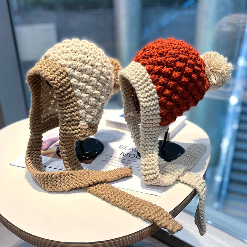 手工编织粗毛线菠萝帽子女秋冬季长系带保暖护耳帽可爱毛球针织帽