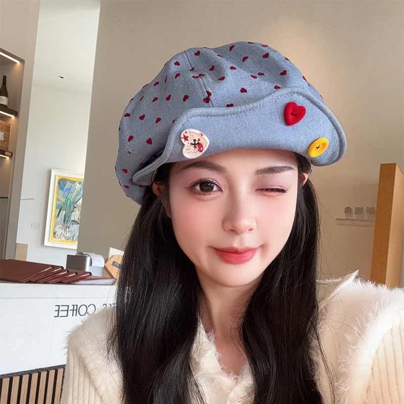 韩系蓝色报童画家帽女百搭显脸小