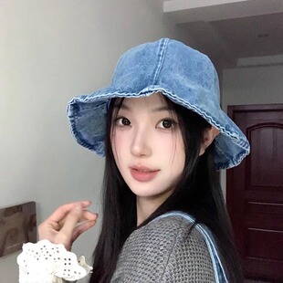 复古做旧显脸小牛仔渔夫帽春夏薄款防晒盆帽百搭水桶大头围帽子女