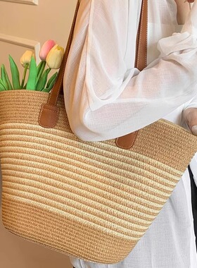 夏天草编包包女大容量竹编托特包海边度假沙滩包菜篮子编织水桶包