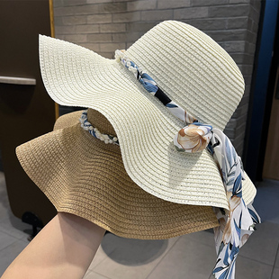 海边度假沙滩帽子女甜美蝴蝶结大檐防晒太阳帽夏季女士遮阳帽百搭