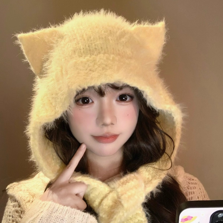 可爱猫耳朵针织帽子围巾一体保暖