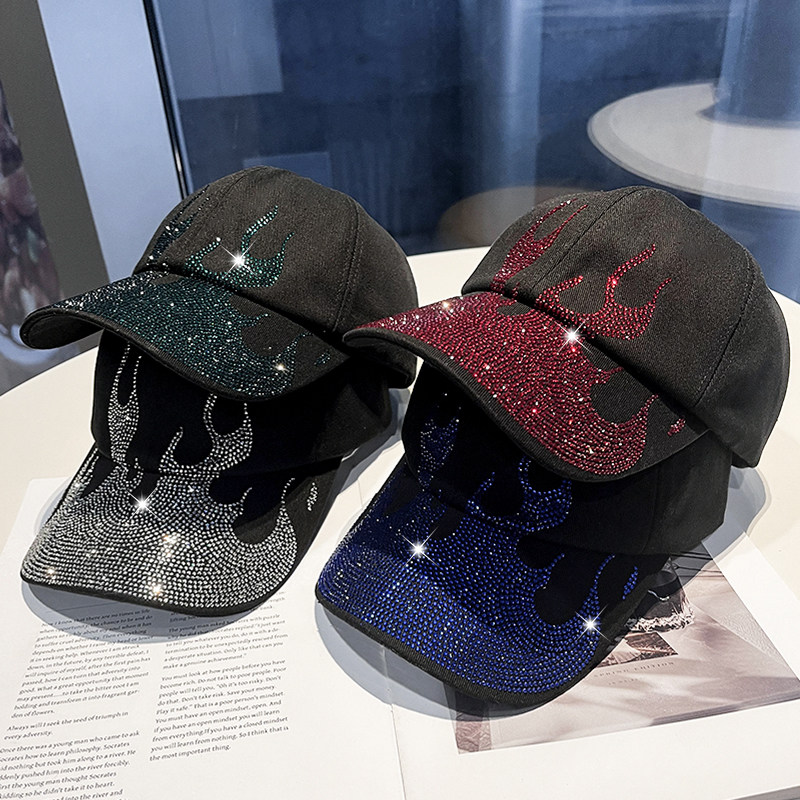 韩版个性潮流水钻火焰棒球帽子男女同款春夏新款遮阳显脸小鸭舌帽