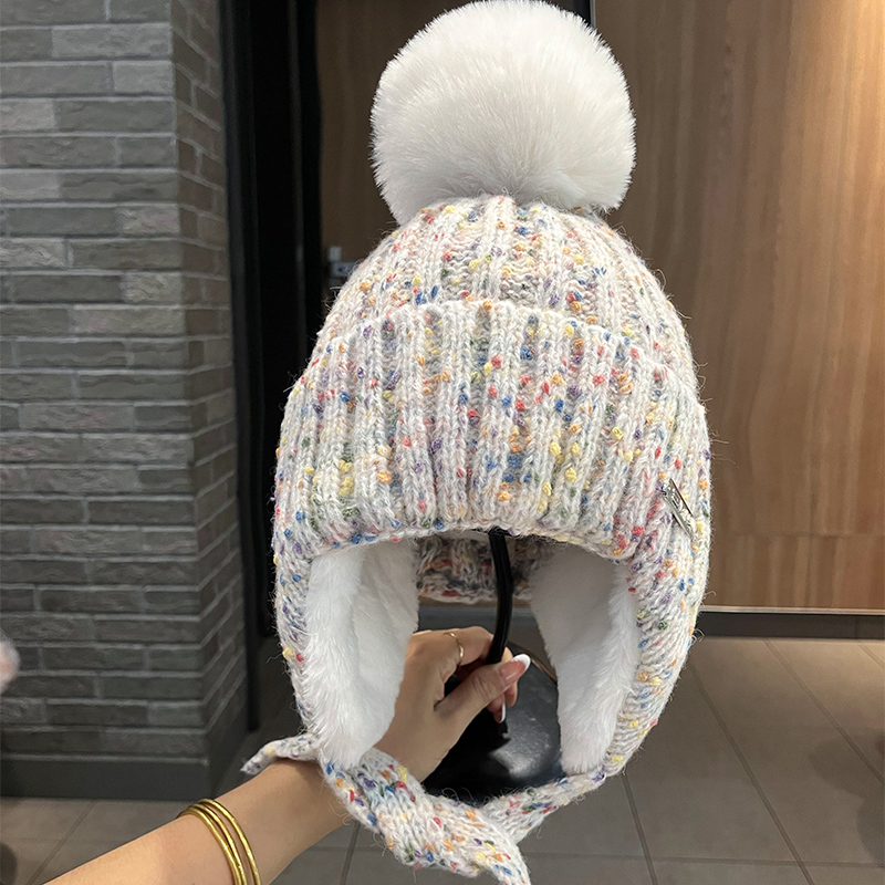 杂色护耳帽子女甜美可爱韩版毛球毛线帽女冬加绒加厚保暖针织帽女