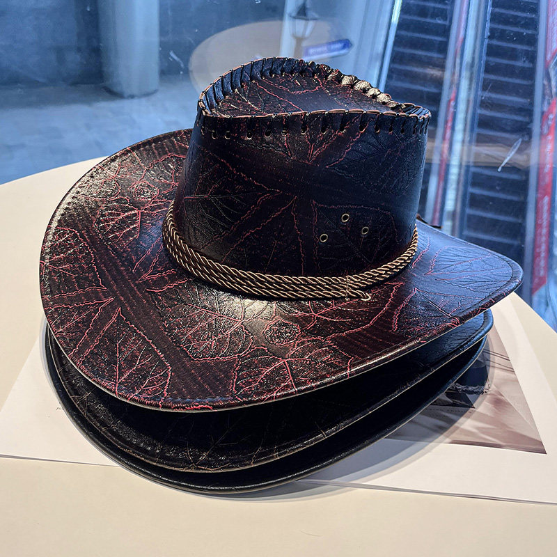 西部牛仔帽女士户外大檐遮阳帽PU皮质登山骑士帽男旅游防晒帽子潮