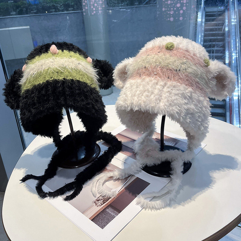 可爱小羊耳朵毛绒针织帽子女秋冬季保暖护耳帽防寒显脸小毛线帽潮