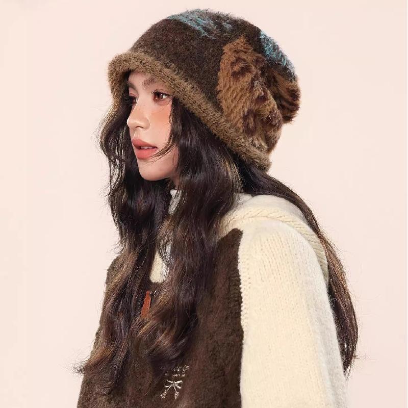 时尚豹纹毛绒堆堆帽子女秋冬季保暖防寒包头针织冷帽显脸小毛线帽