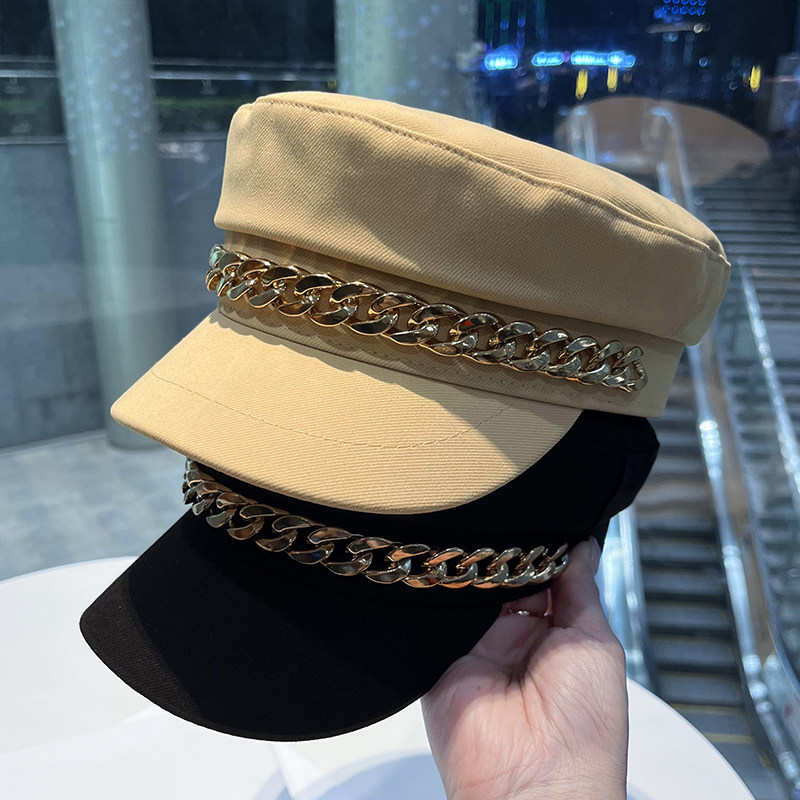 帽子女链条设计海军风平顶帽春秋季英伦显脸小鸭舌帽百搭贝雷帽女