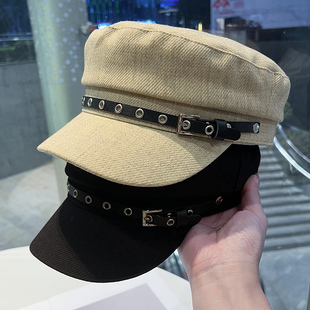 英伦复古金属扣海军平顶帽女款春秋显脸小鸭舌帽百搭报童帽画家帽