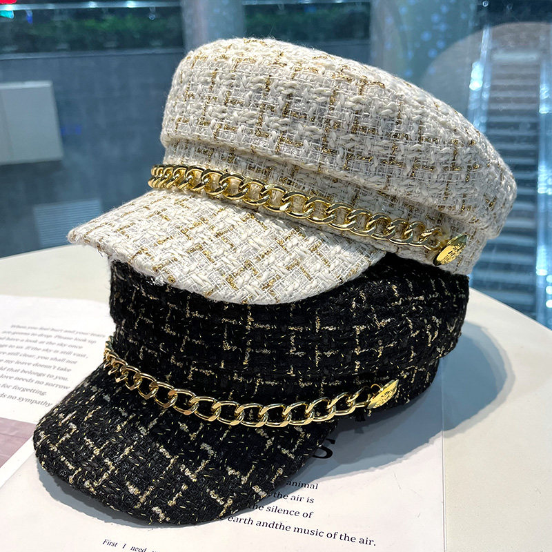 帽子女ins潮时尚链条英伦复古平顶帽春秋季韩版格纹鸭舌贝雷帽女