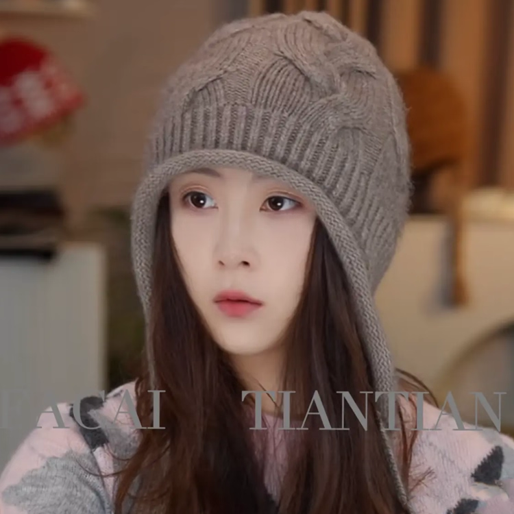 秋冬新款羊毛兔绒麻花毛线针织帽子女百搭显脸小包头帽保暖护耳帽