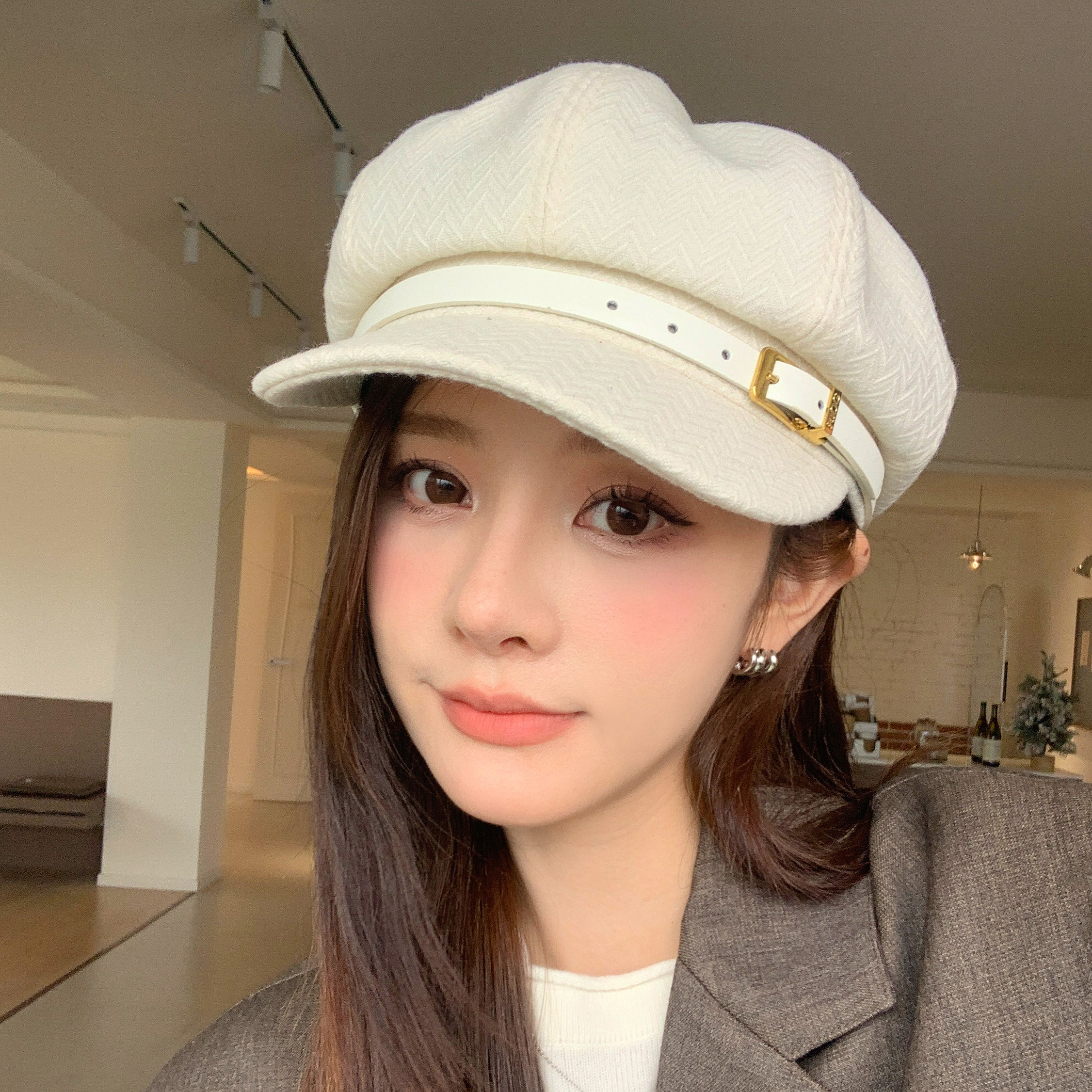 韩版英伦复古皮扣八角报童帽女