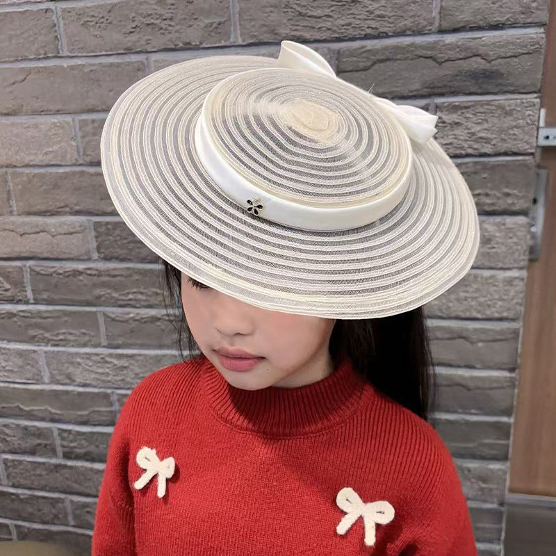 法式优雅大帽檐发箍网纱帽女夏季蝴蝶结装饰显脸小礼帽头箍防晒帽