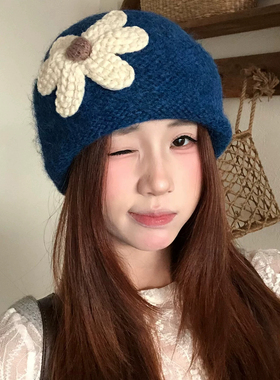 蓝色氛围感花朵针织堆堆帽显脸小