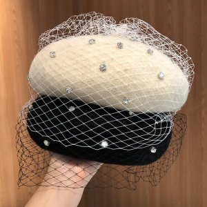 黑色网纱羊毛贝雷帽女秋冬季韩版水钻蓓蕾帽英伦复古画家帽子女潮