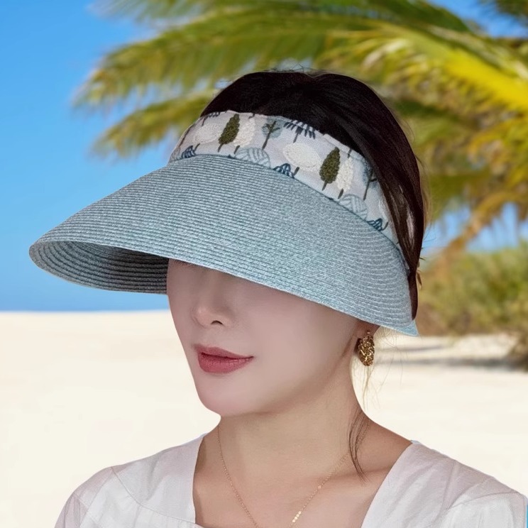 蓝色草编空顶帽女夏季防晒防紫外线遮阳沙滩帽子可折叠大帽檐草帽