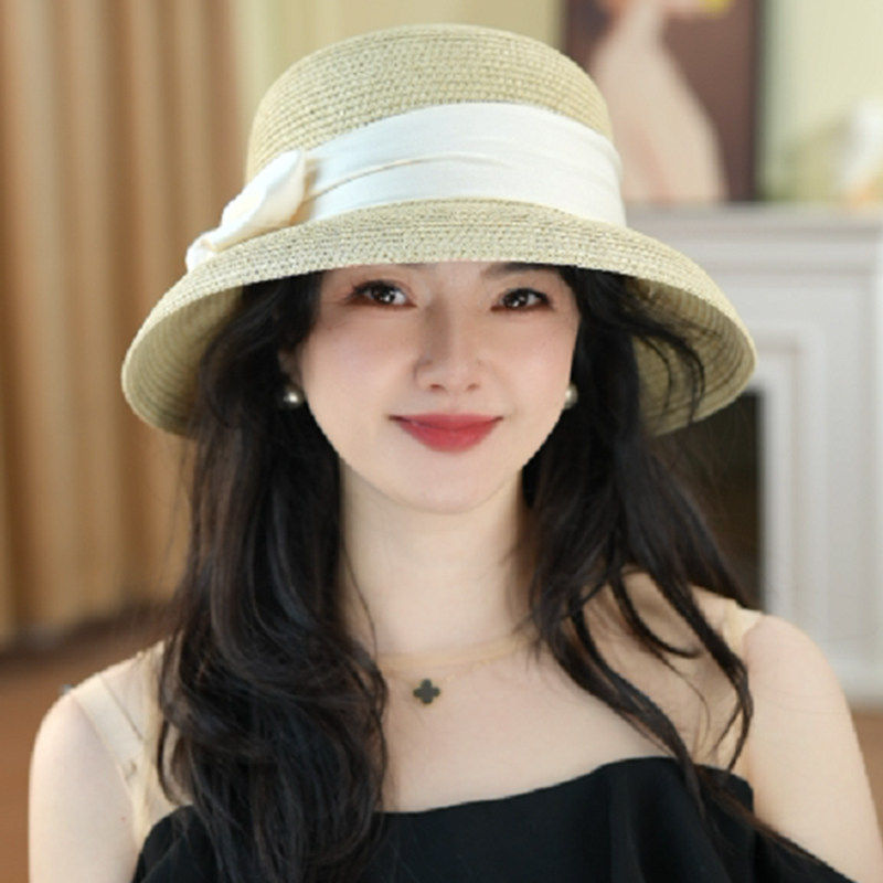 法式赫本风蝴蝶结草帽女春夏季大檐防晒遮阳帽度假旅行沙滩帽透气