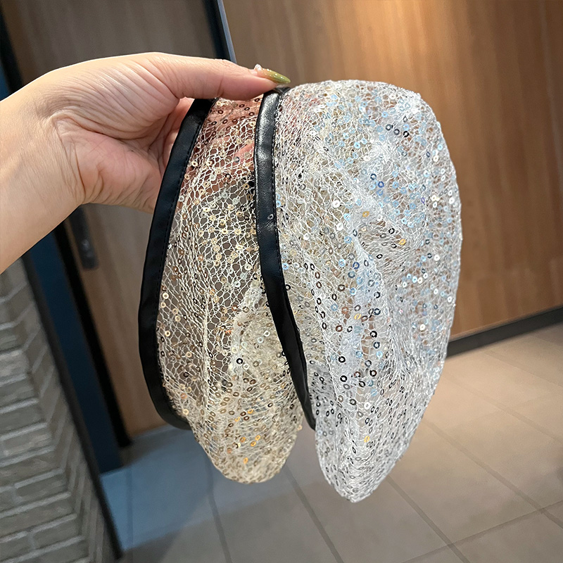 画家帽贝雷帽女夏季薄款网纱亮片