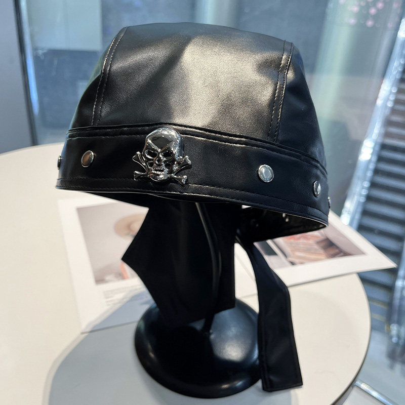 欧美朋克风骷髅铆钉皮革绑带帽子男女复古海盗帽舞会个性包头帽潮