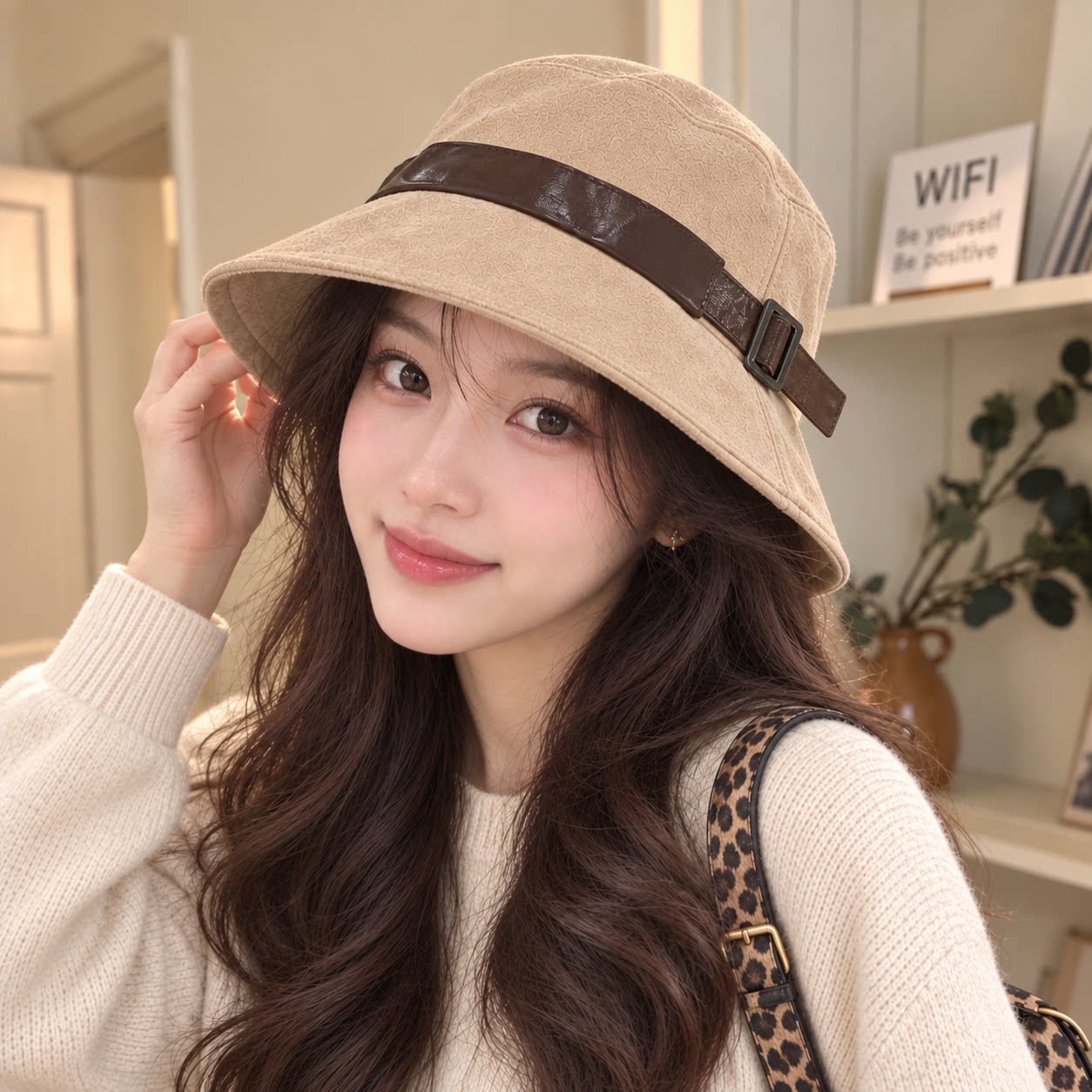 韩版复古麂皮绒皮带扣渔夫帽子女