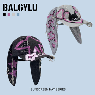 y2k亚比风兔耳朵棒球帽子女甜酷嘻哈辣妹街头破洞显脸小鸭舌帽潮