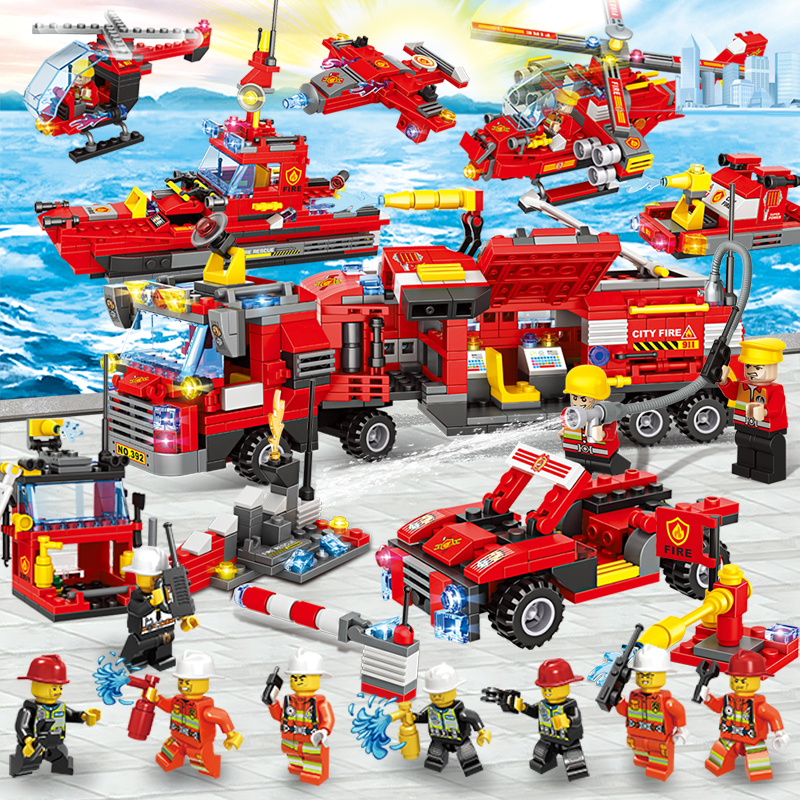 城市系列消防局救援直升机运输车组装智育小颗粒积木组装玩具少年